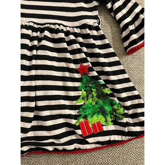 Little Girls 2T Striped Fit and Flare Christmas Tree Embellished Ruffle Dress 2T - Picture 2 of 6